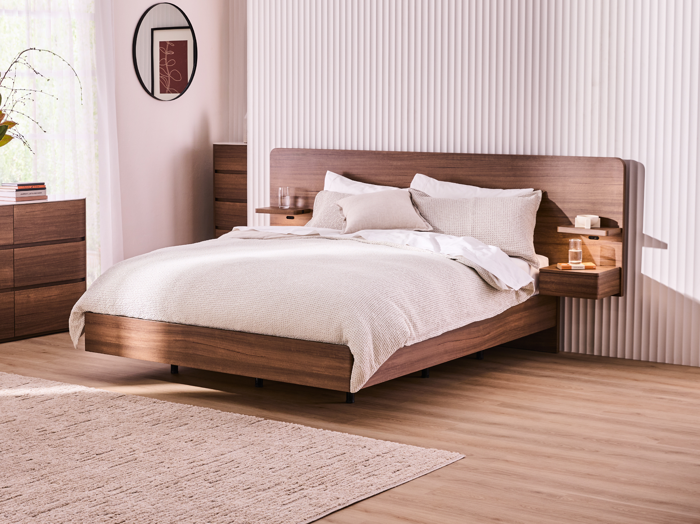 Jervis Extended Queen Bed Frame with Floating Base & Bedsides - Warm Walnut 