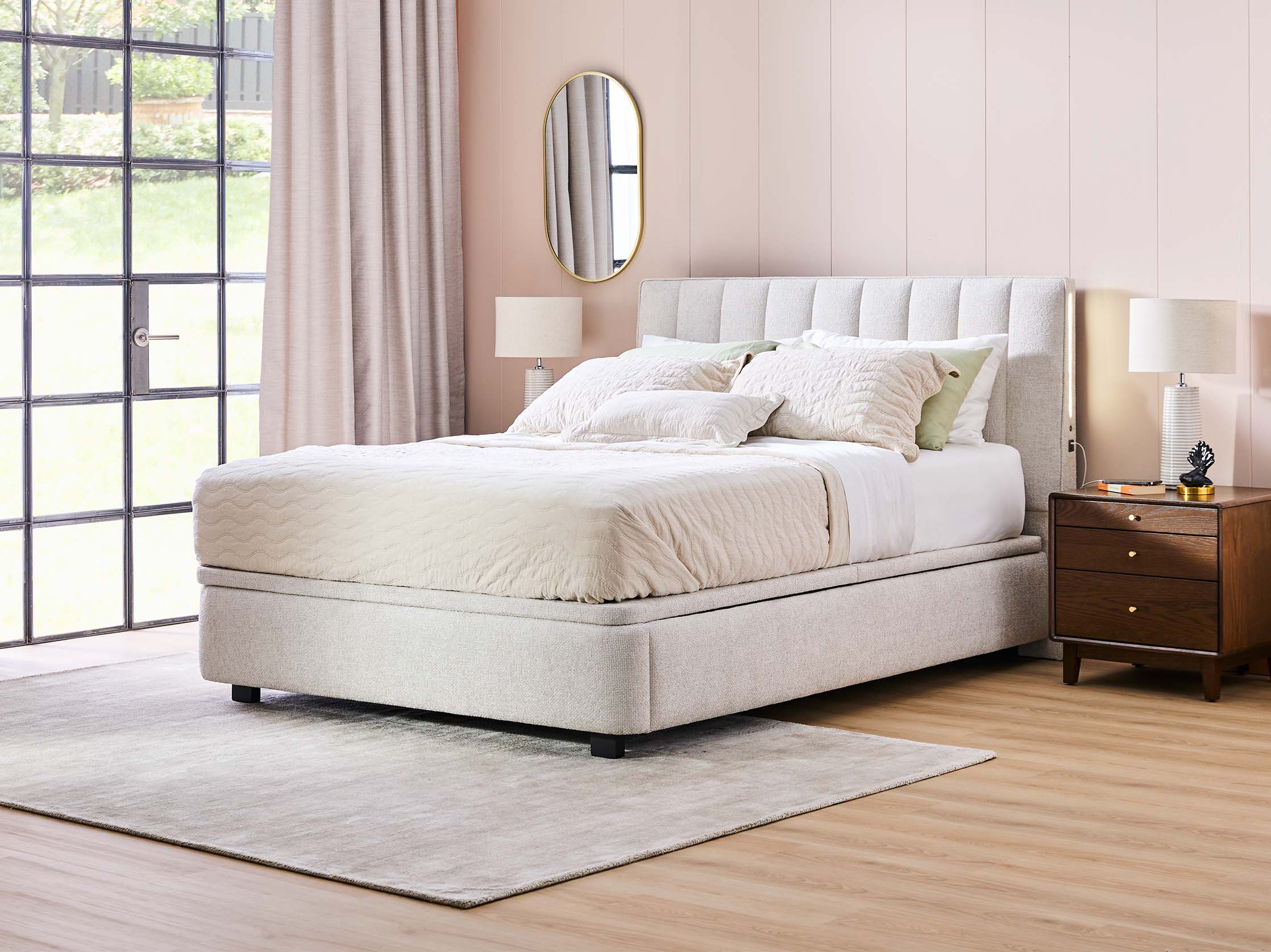 Ovation Waterfall Queen Bed Frame with Gas Lift Base - Vanilla