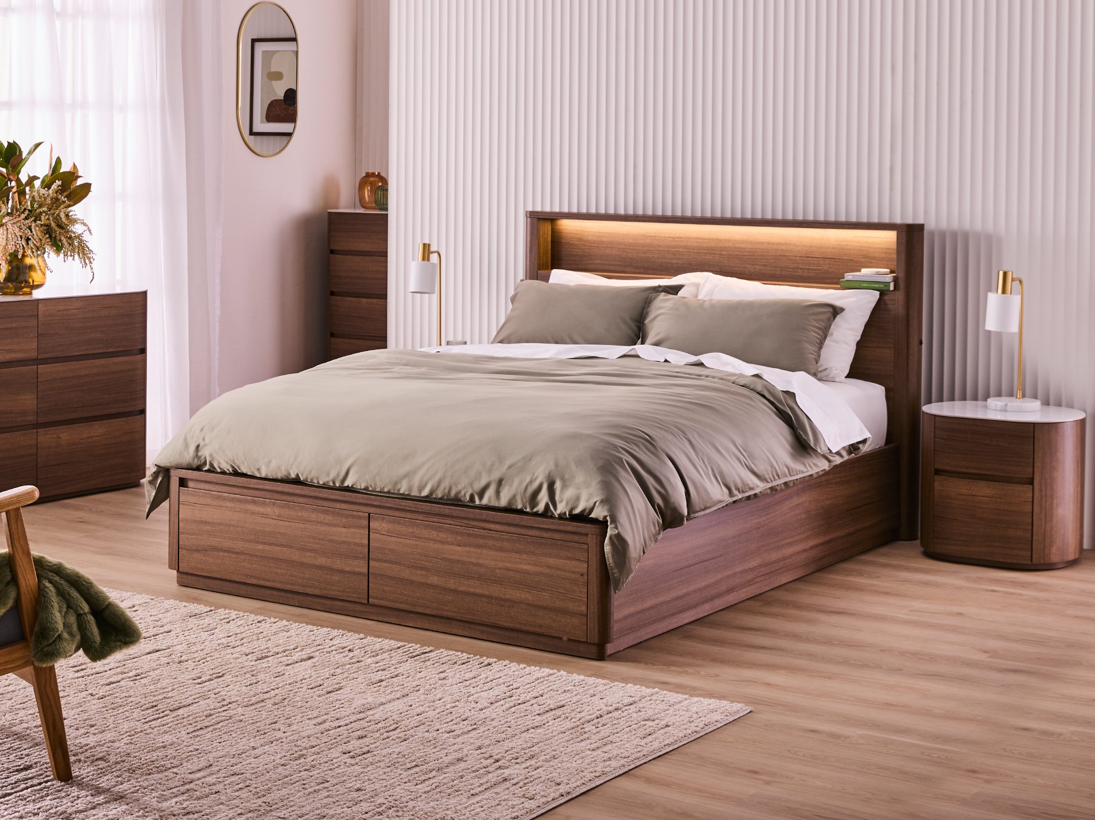 Bronte Queen Bed Frame with Gas Lift 2 Drawer Base & Tech Pack - Warm Walnut