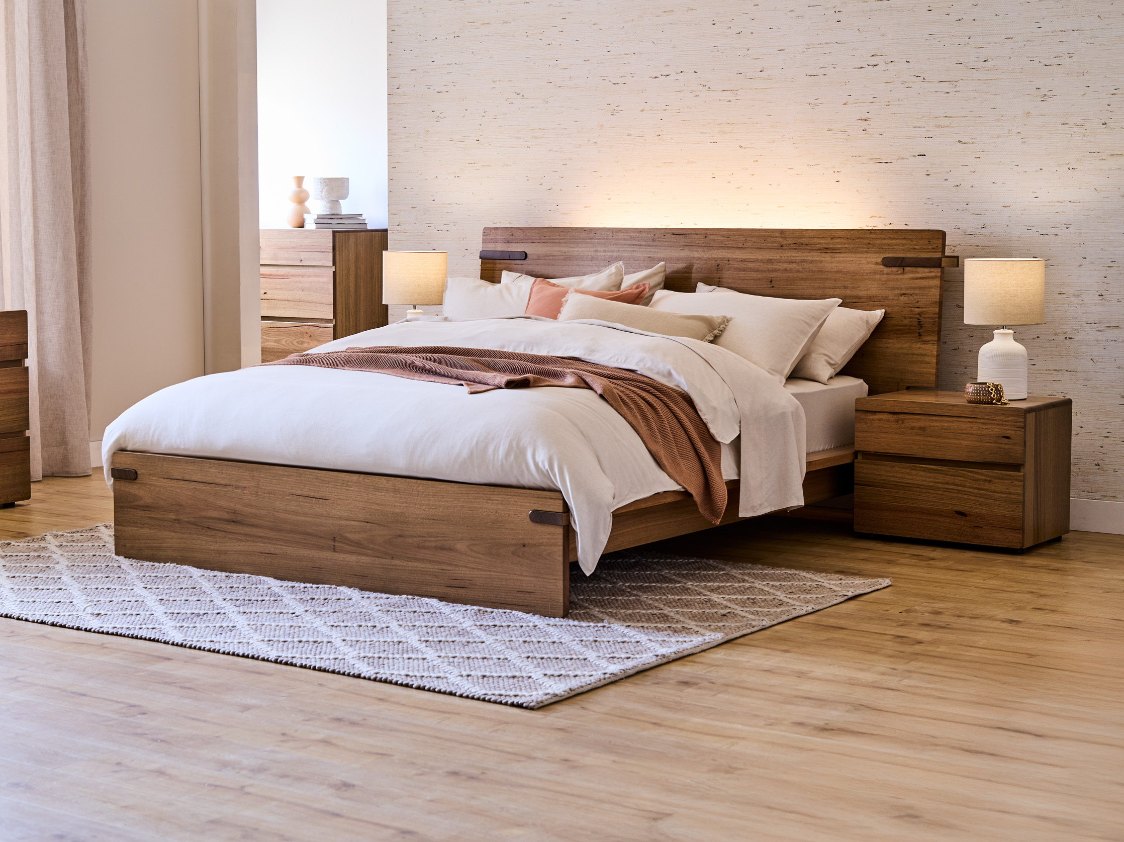 Archer Queen Bed Frame with Shelf, Matching Base & Tech Pack - Twilight