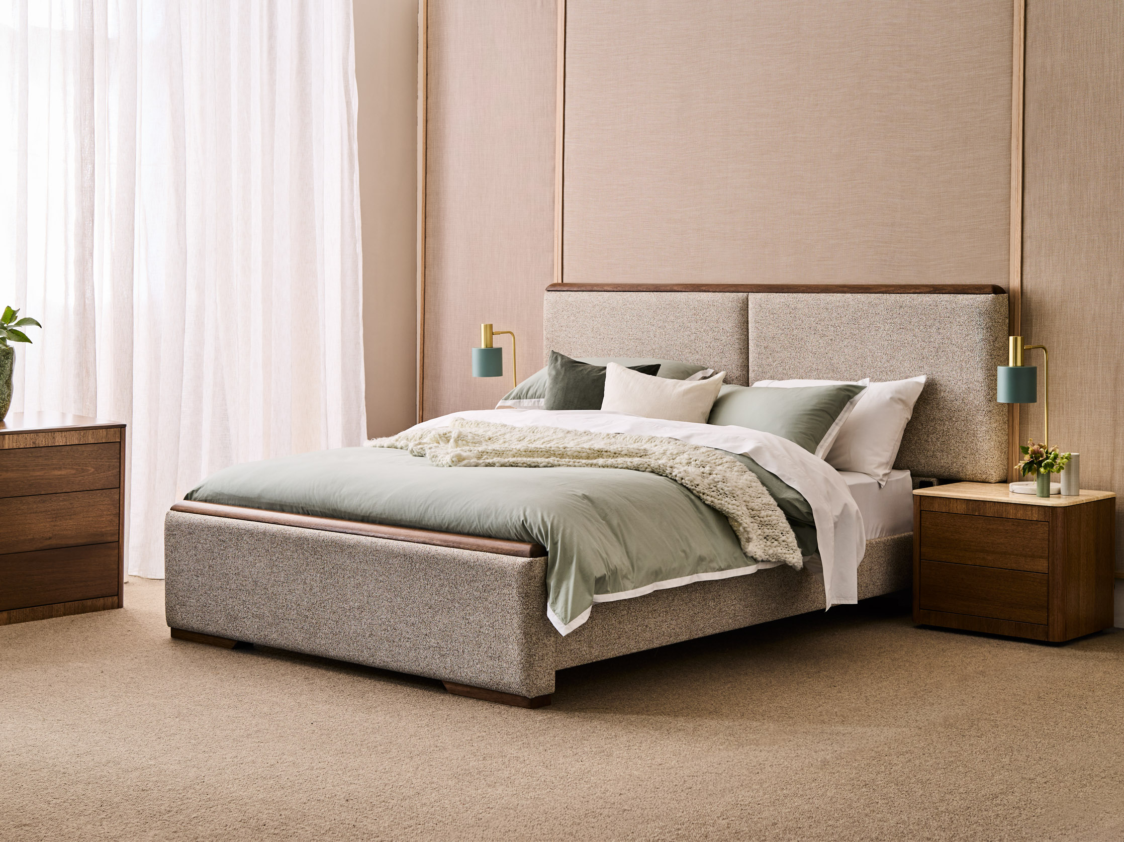 Fenwick Queen Bed Frame with Timber Capping, Upholstered Siderails & Tech Pack -  Warm Walnut