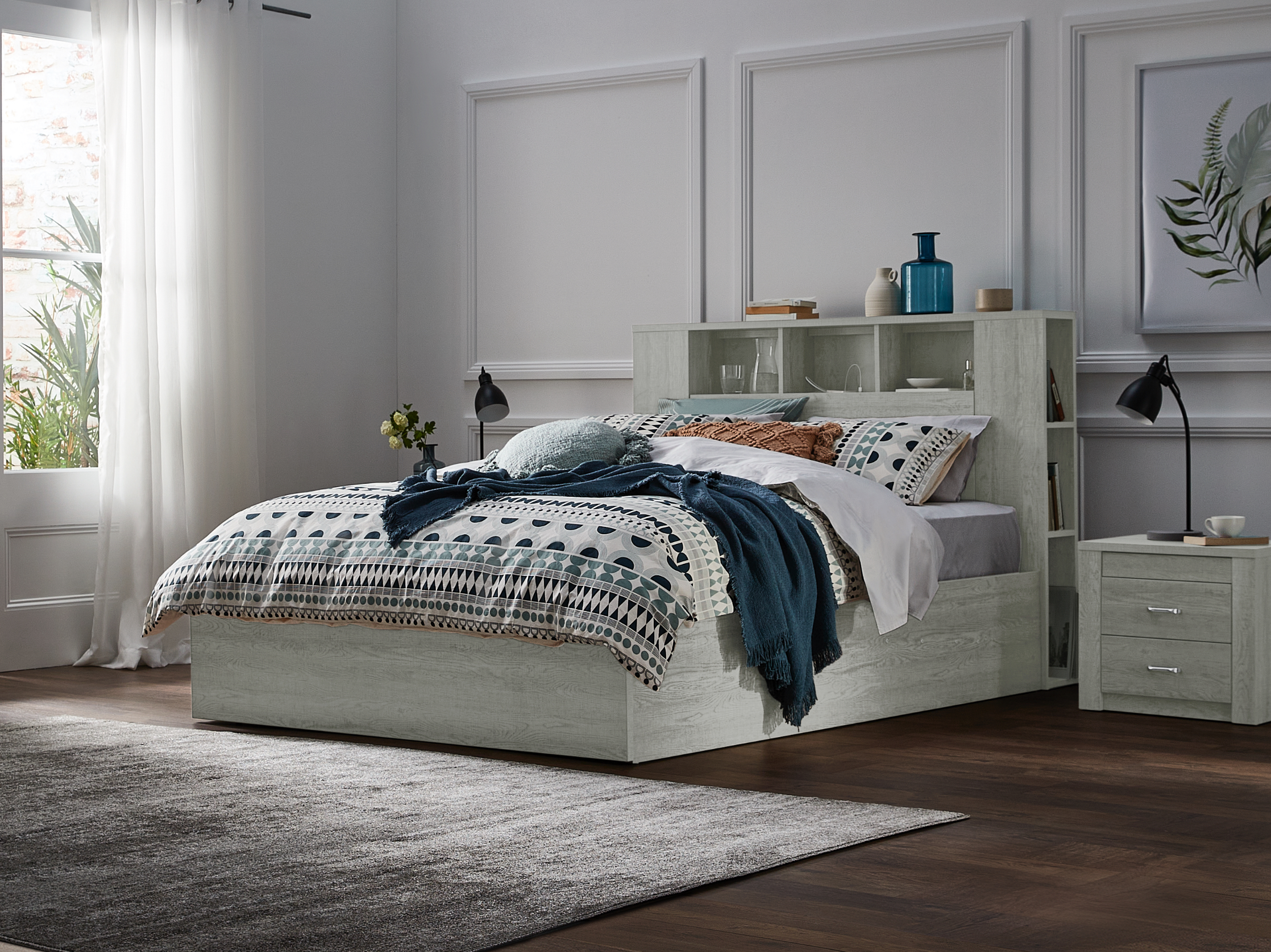Empire Queen Bed Frame Gaslift Storage base with 1 Drawer - Ash