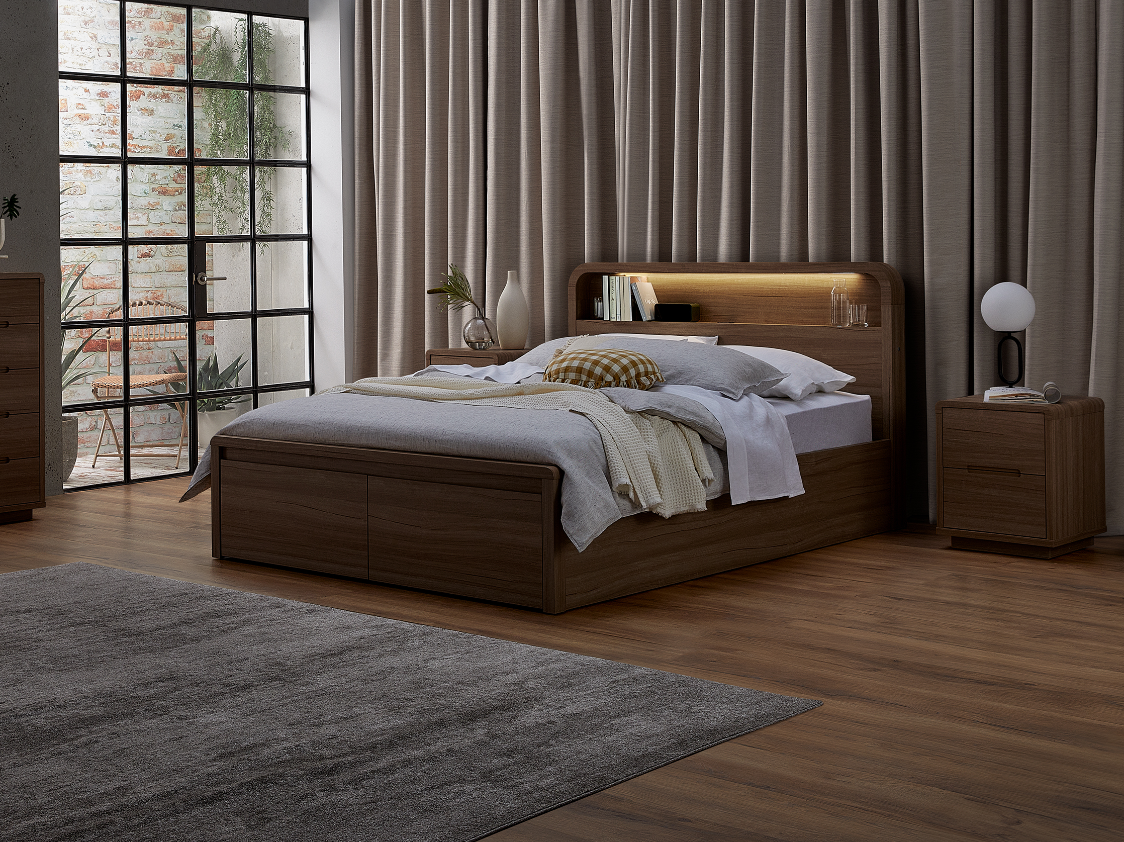 Byron Queen Bed Frame with Gas Lift Base - Walnut
