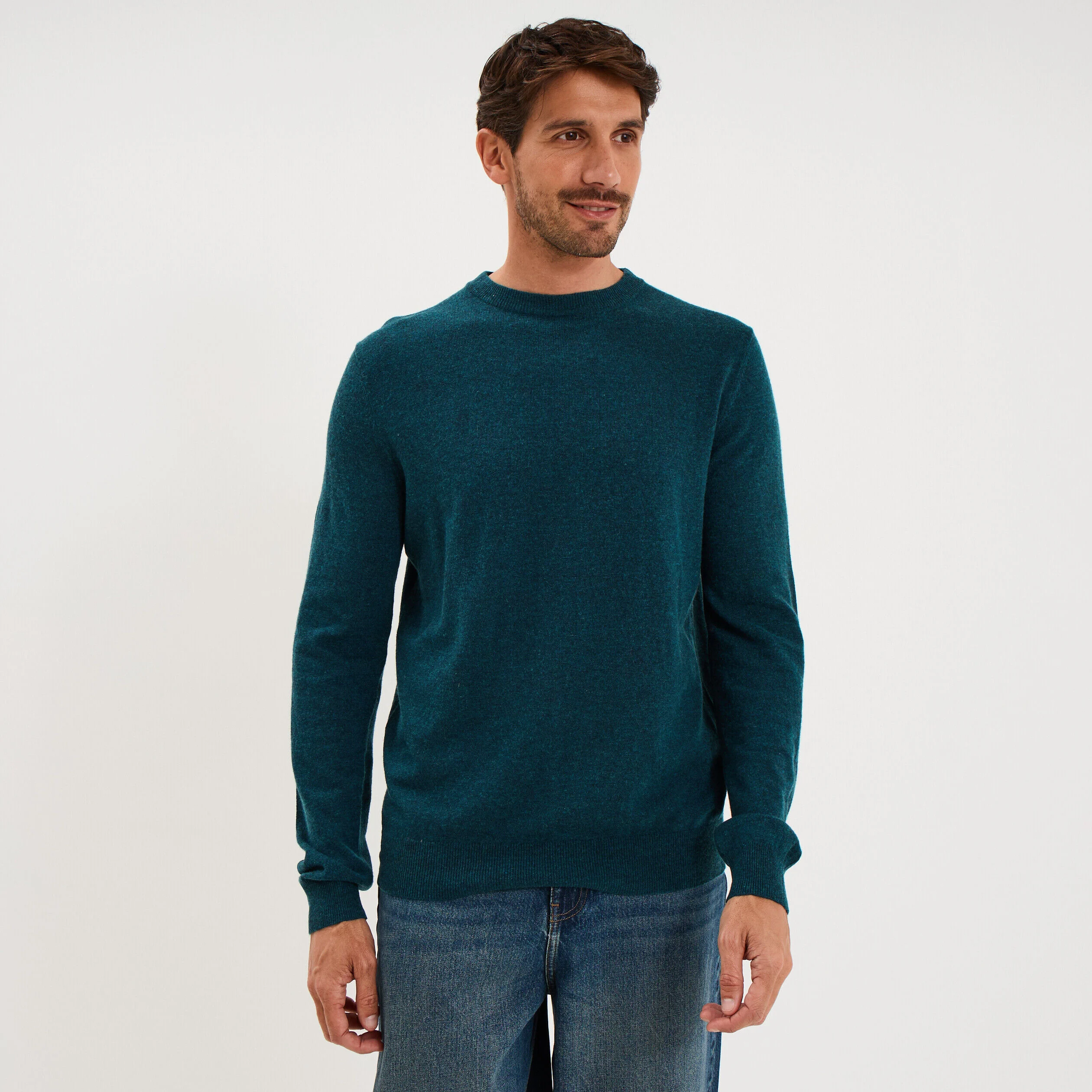 Pull col rond manches longues bleu canard homme