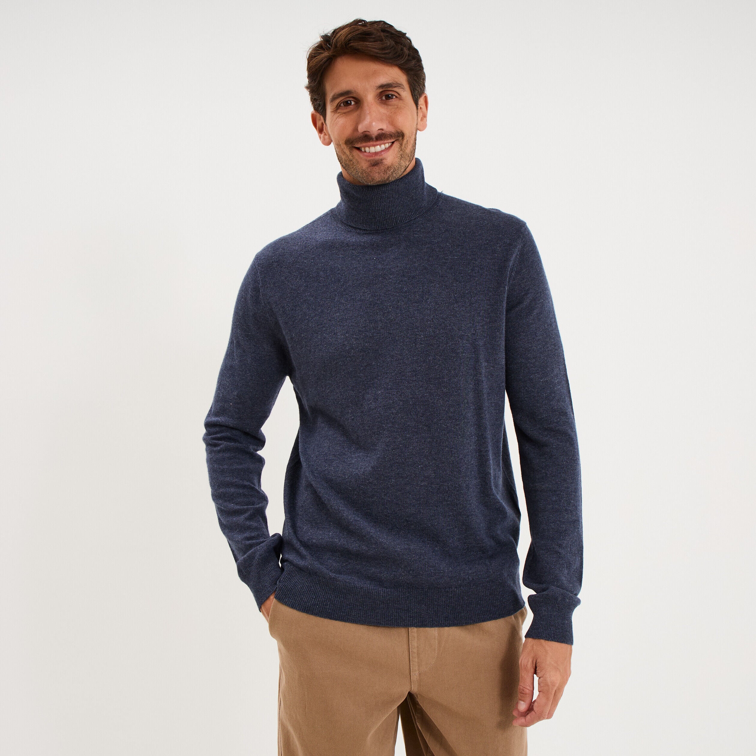 Pull col roulé manches longues bleu marine homme