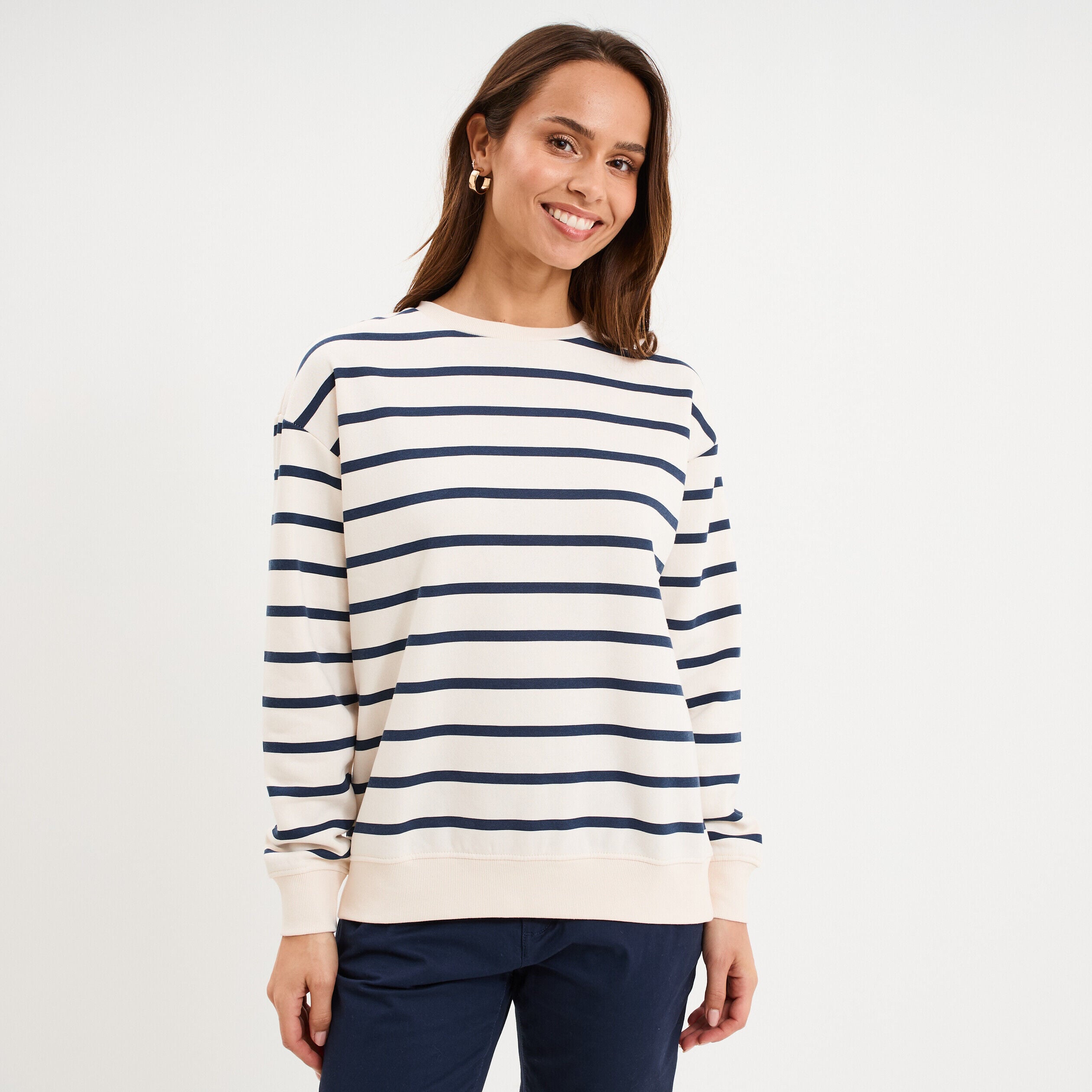 Sweat marinière molleton manches longues ecru femme