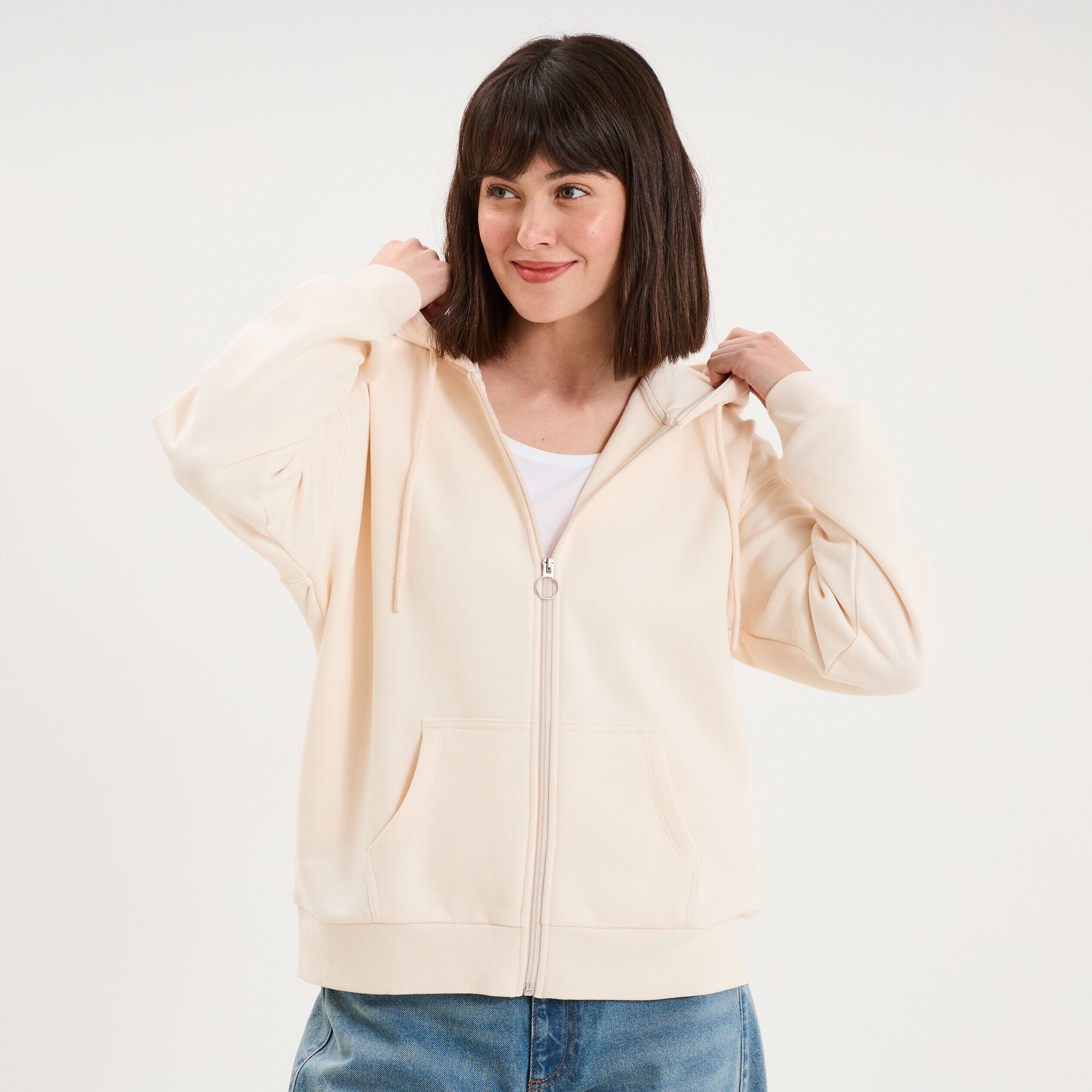 Sweat zippé à capuche beige femme