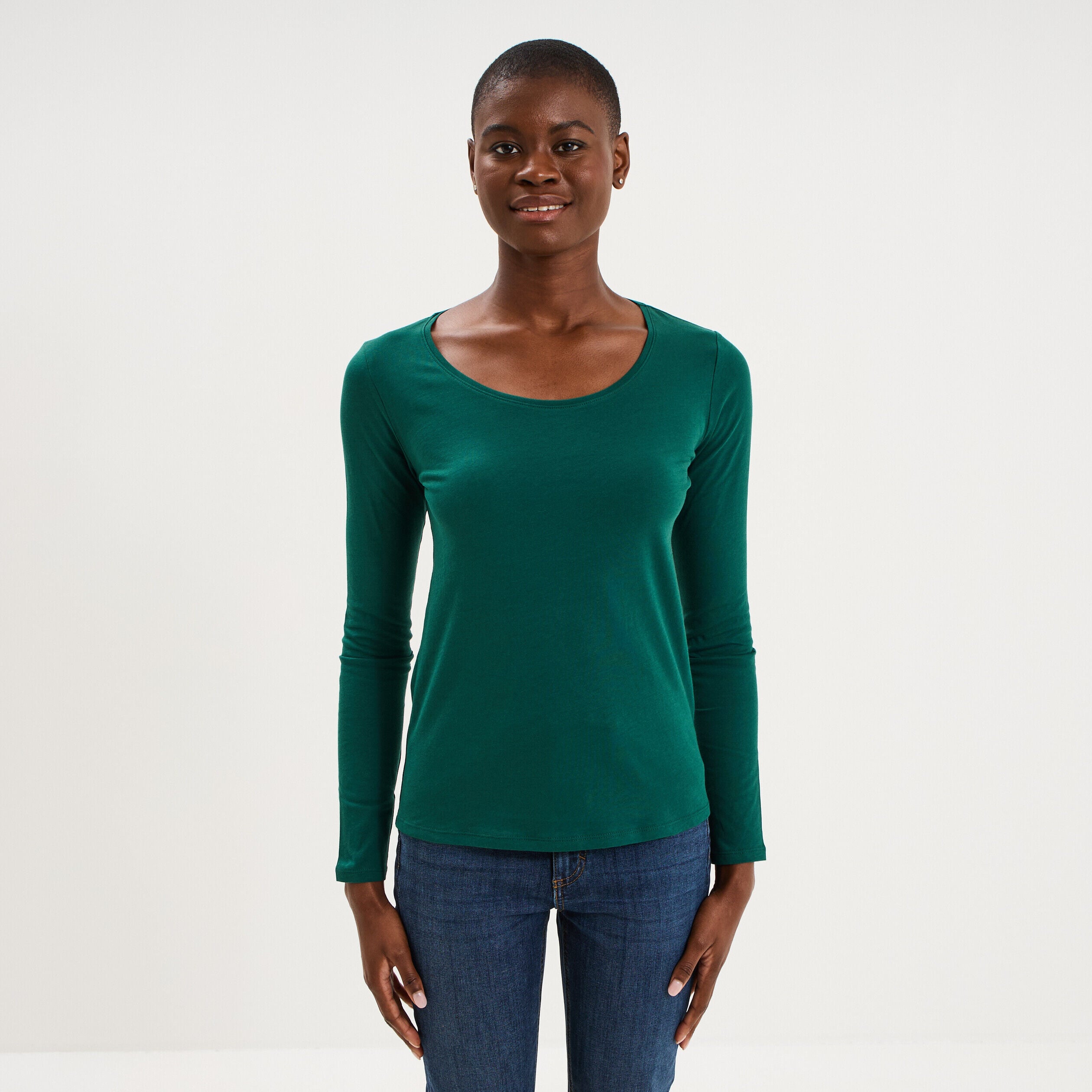 T-shirt coton col rond manches longues vert foncé femme