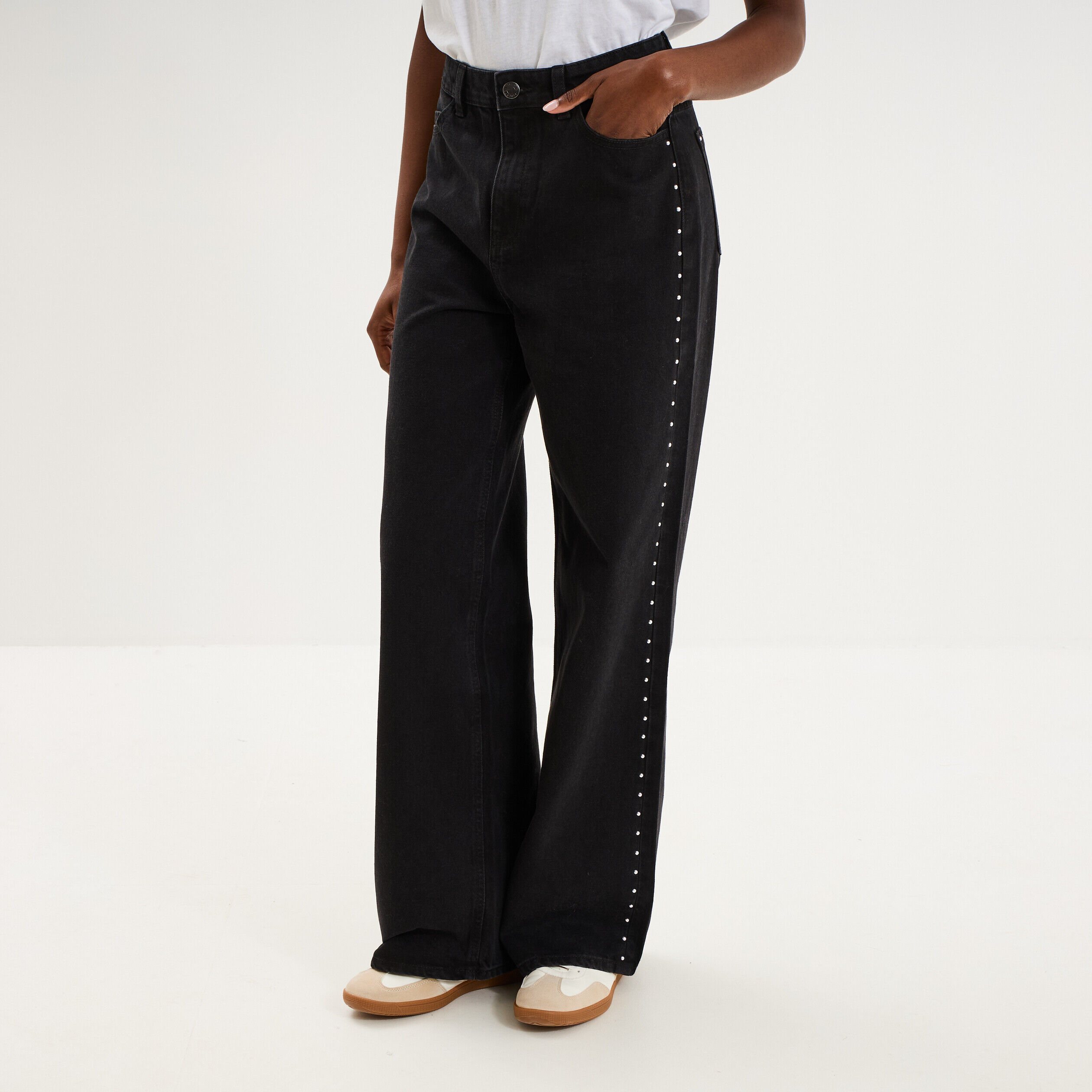 Jean large à clous coton denim noir femme