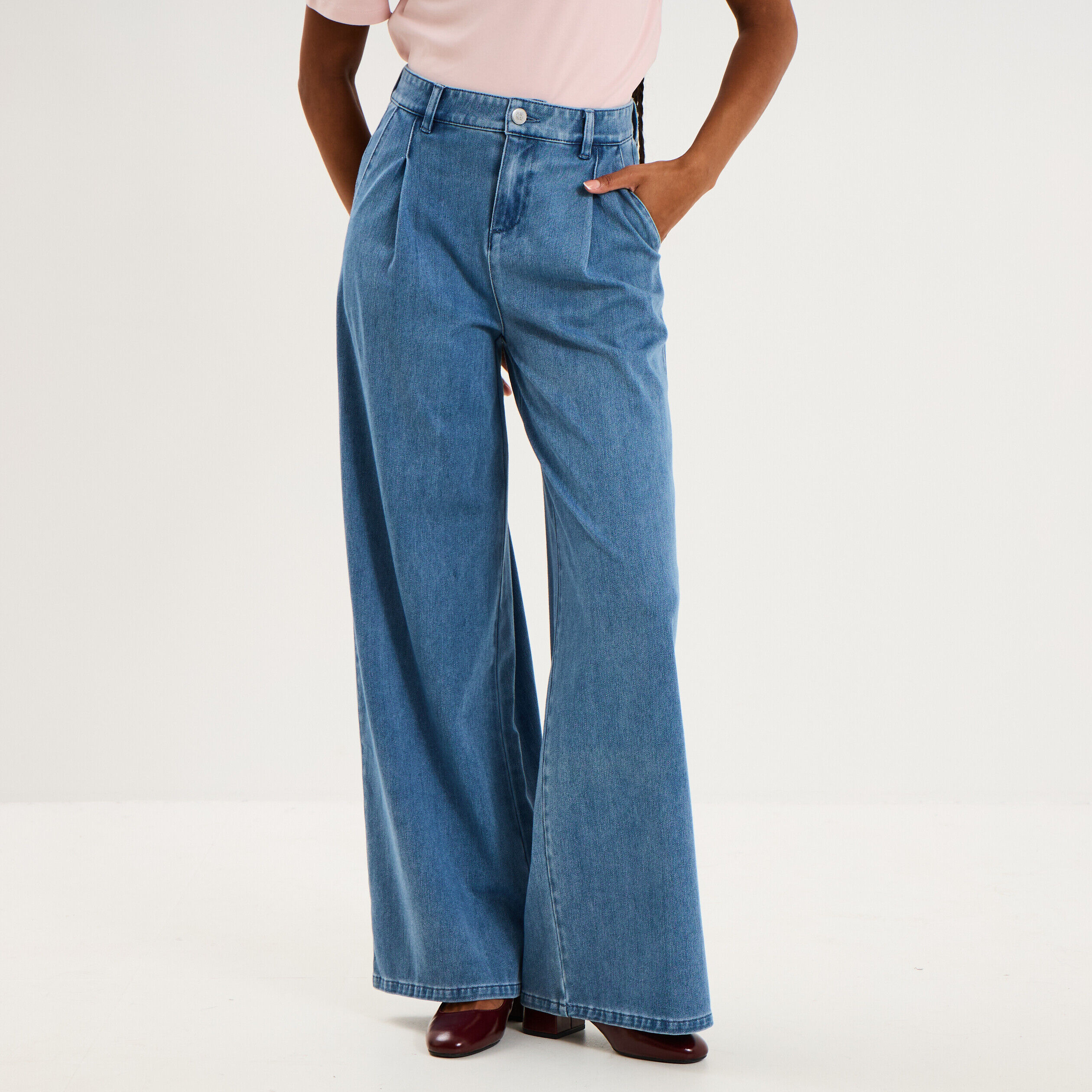 Jean large taille mi-haute à pinces denim double stone femme
