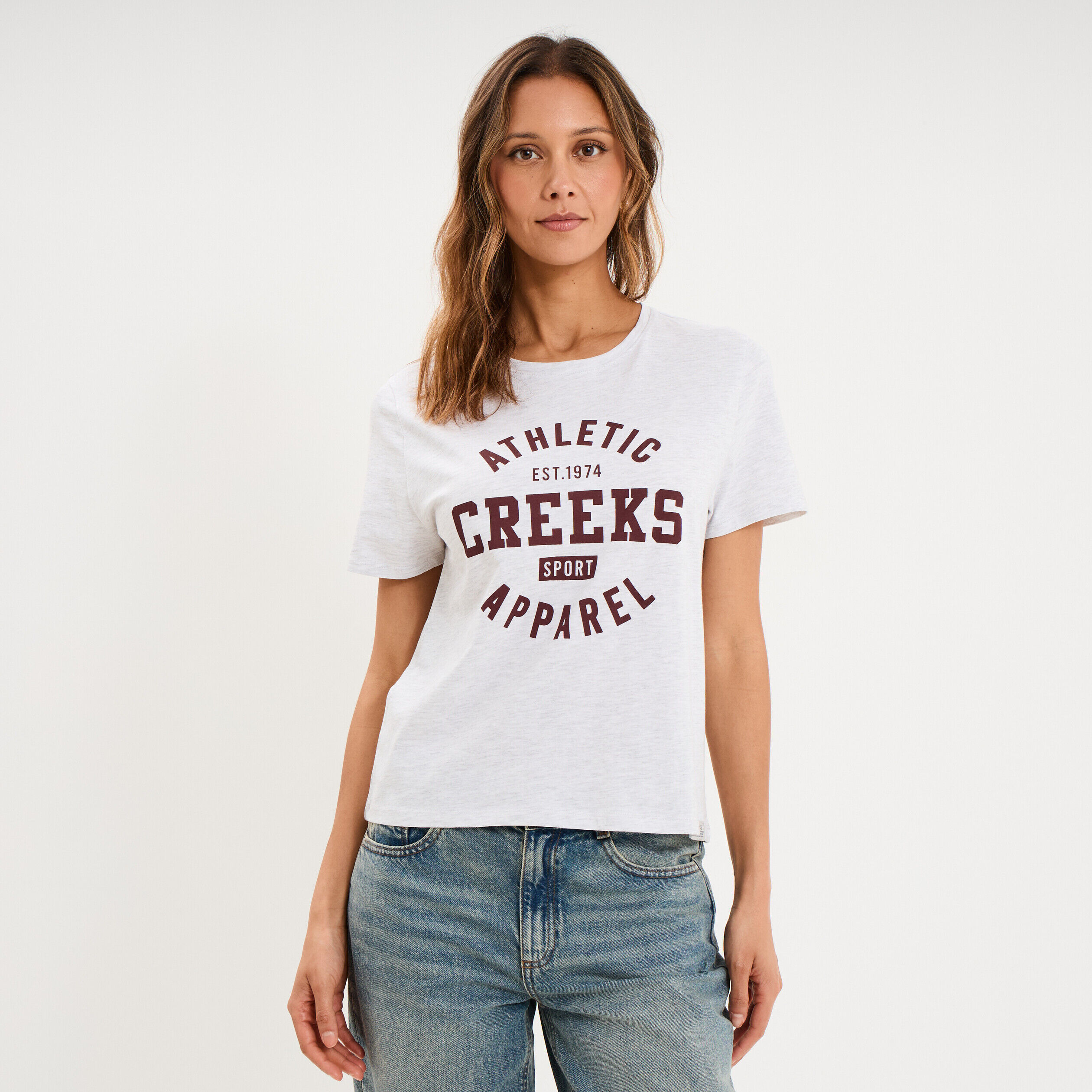 T-shirt col rond manches courtes gris clair femme