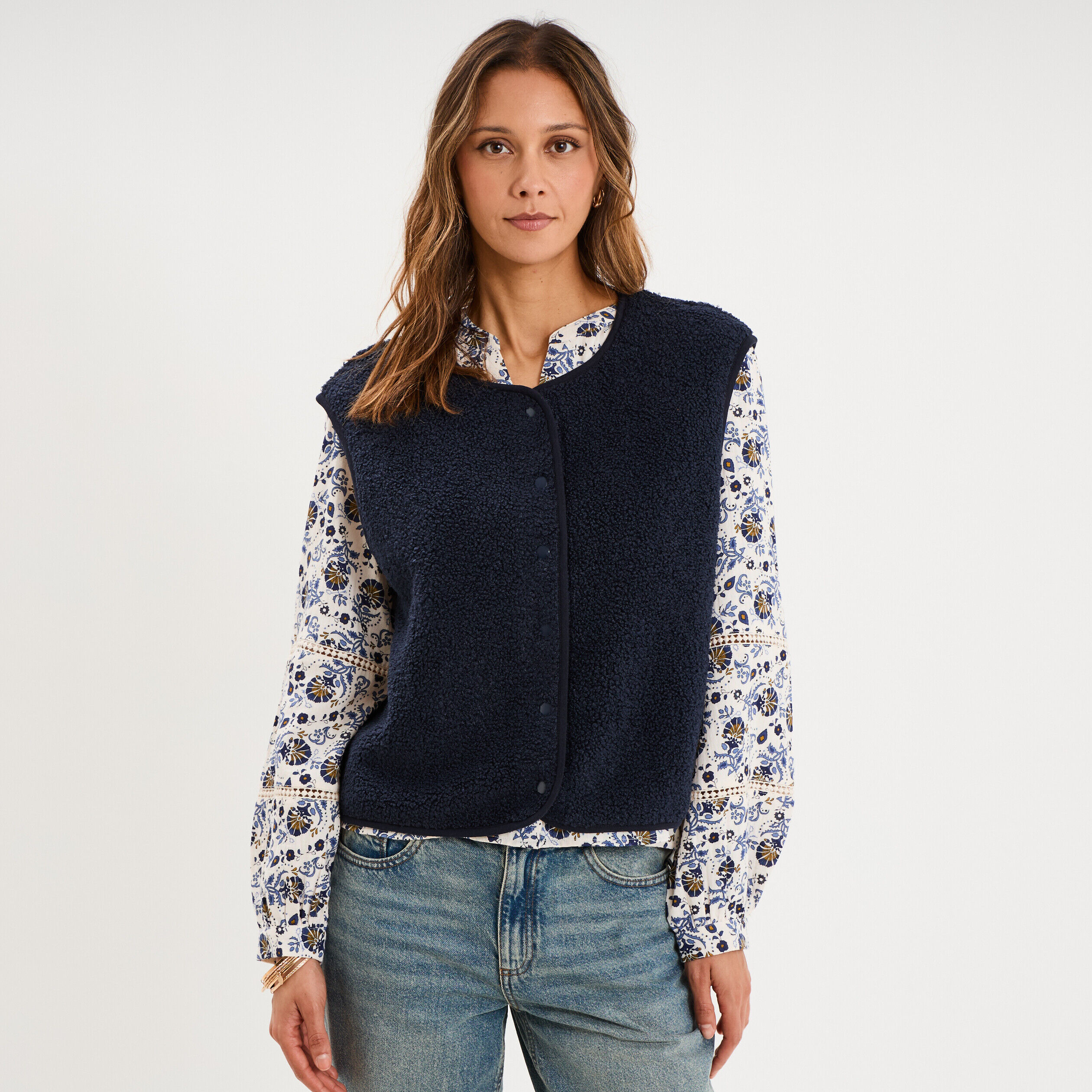Veste sans manches effet polaire bleu marine femme
