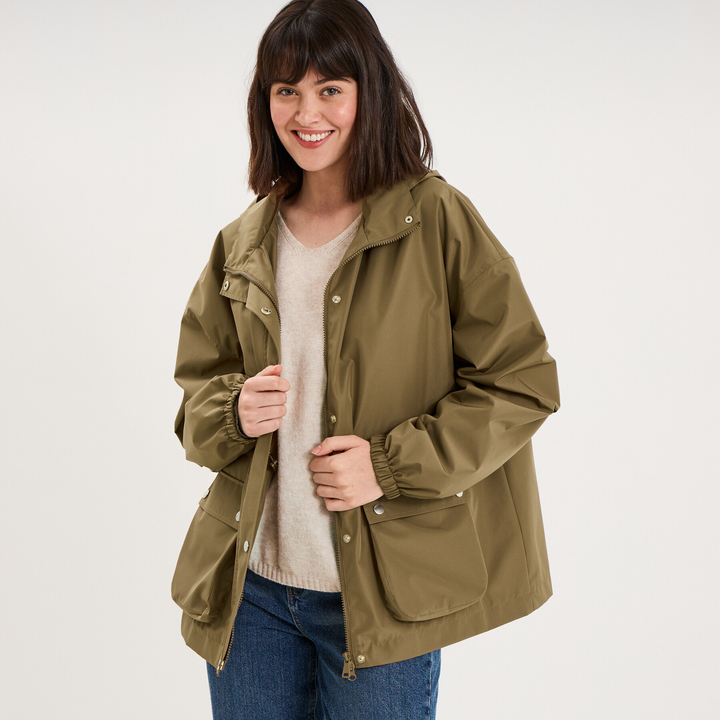 Parka à capuche taille à coulisse taupe femme