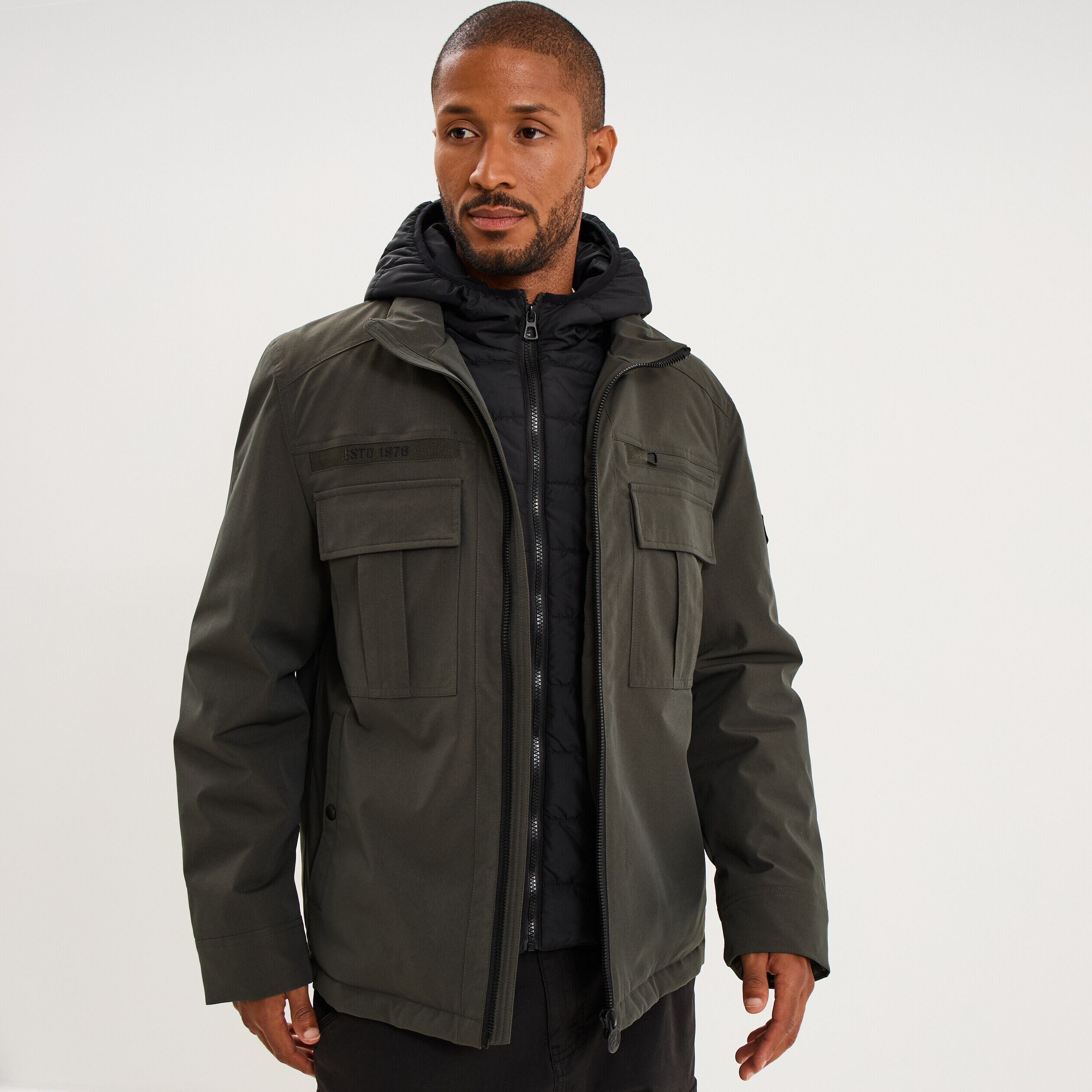 Parka courte déperlante à capuche vert kaki homme