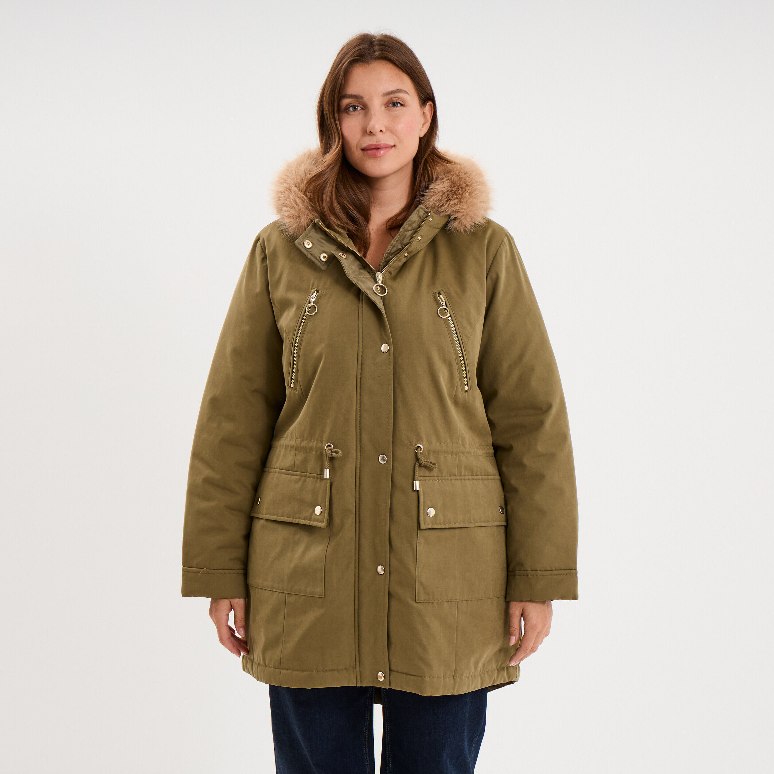 Parka déperlante capuche fausse fourrure vert kaki femme grande taille