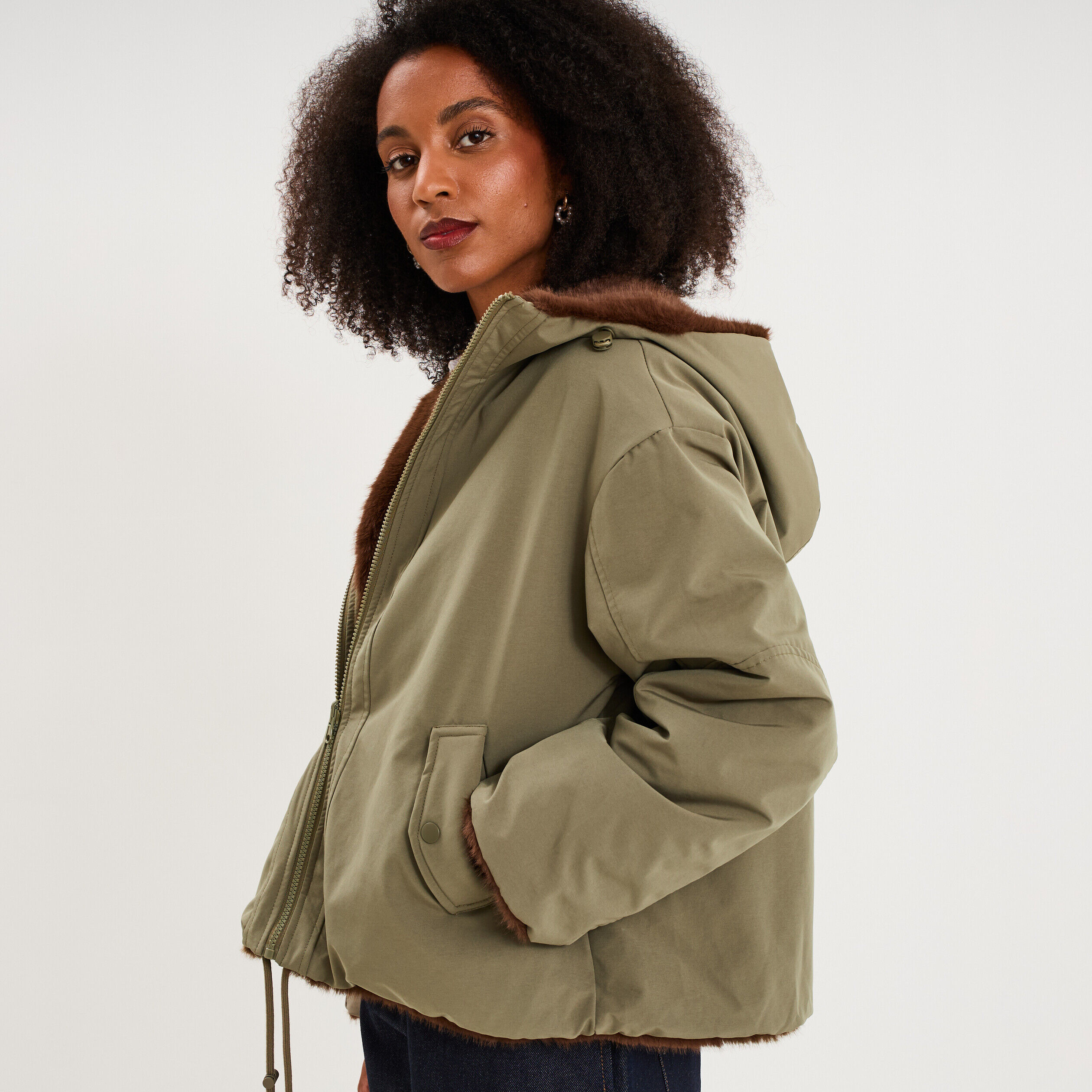 Parka réversible capuche fausse fourrure vert kaki femme