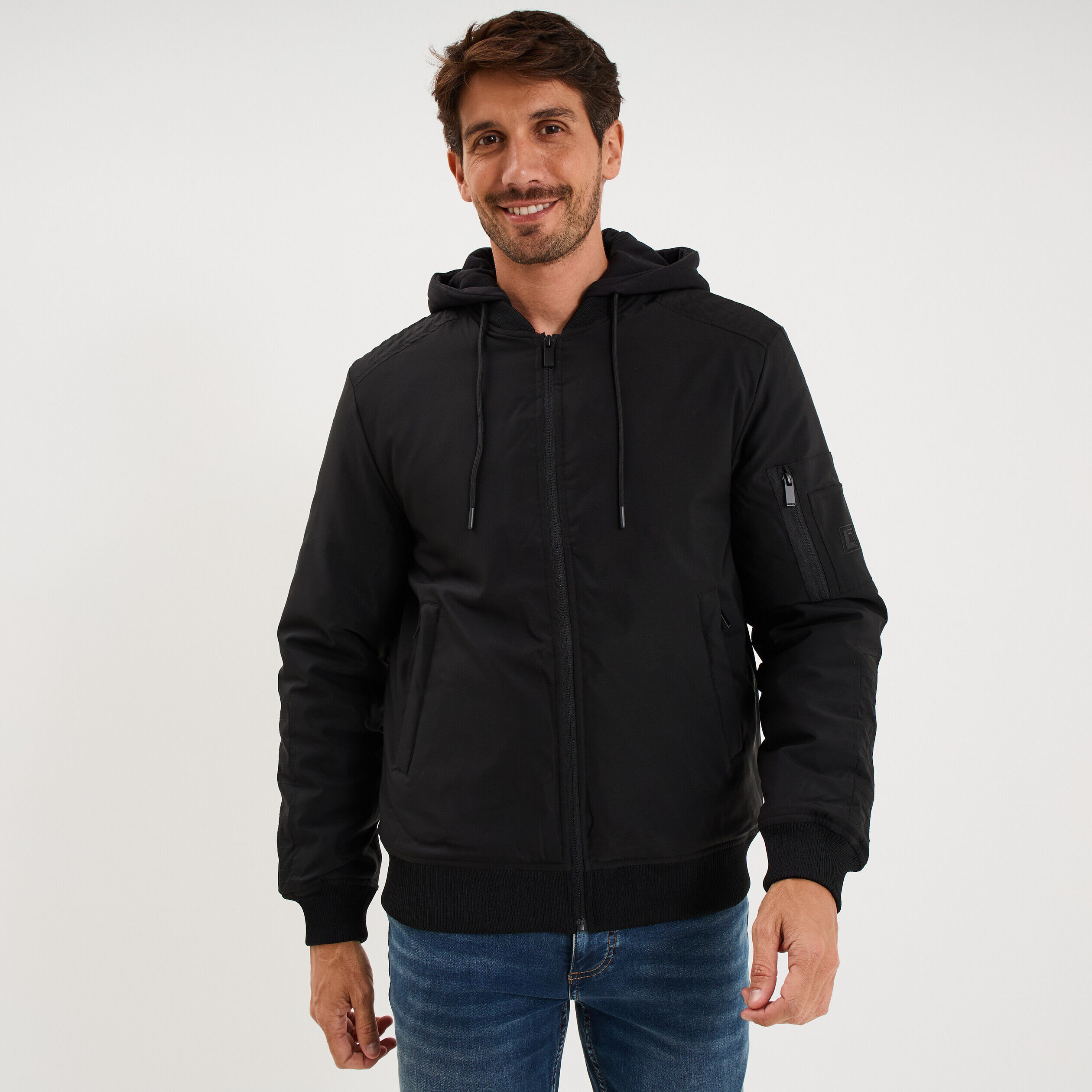 Veste bomber déperlante capuche amovible noir homme