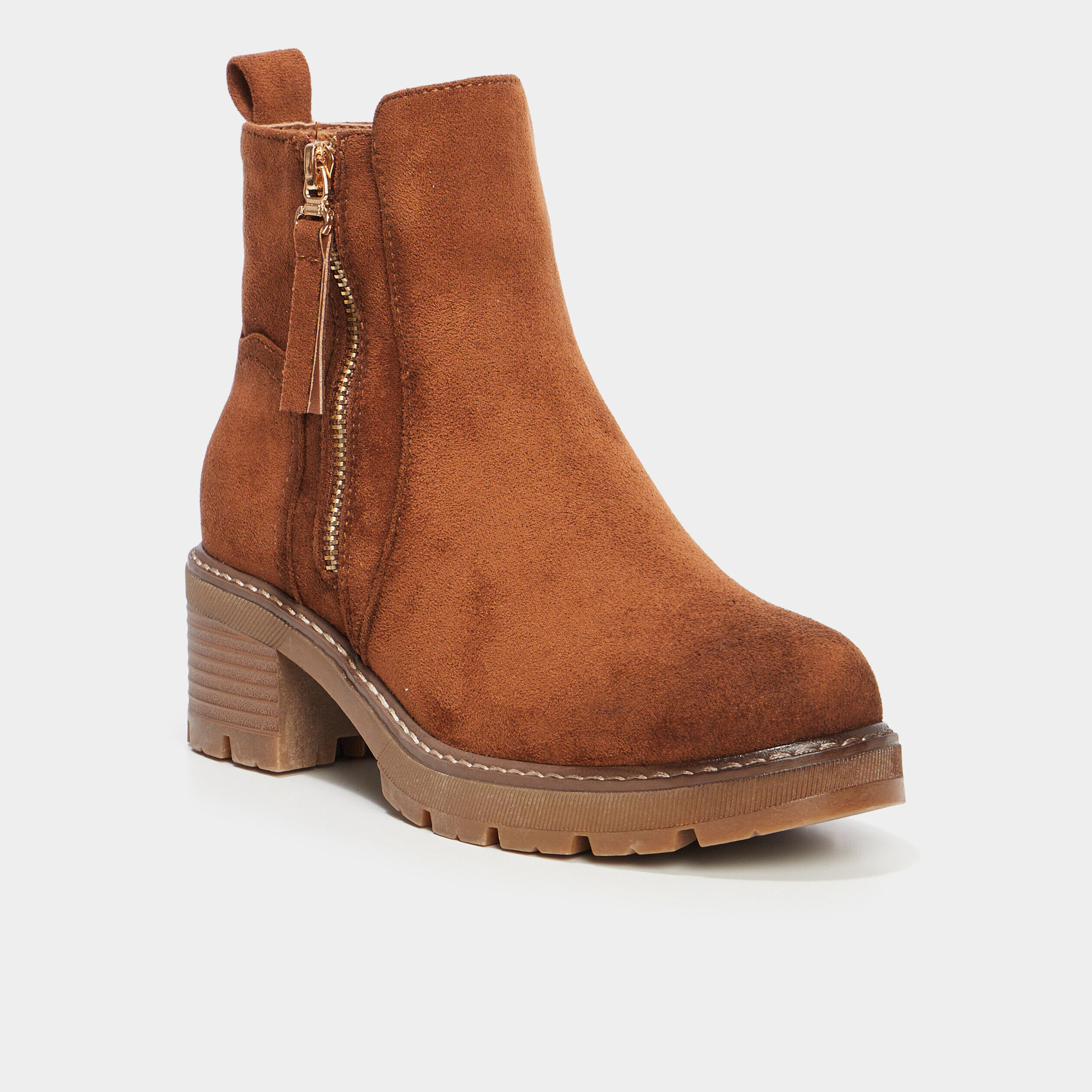 Bottines à talons effet daim zippées marron femme