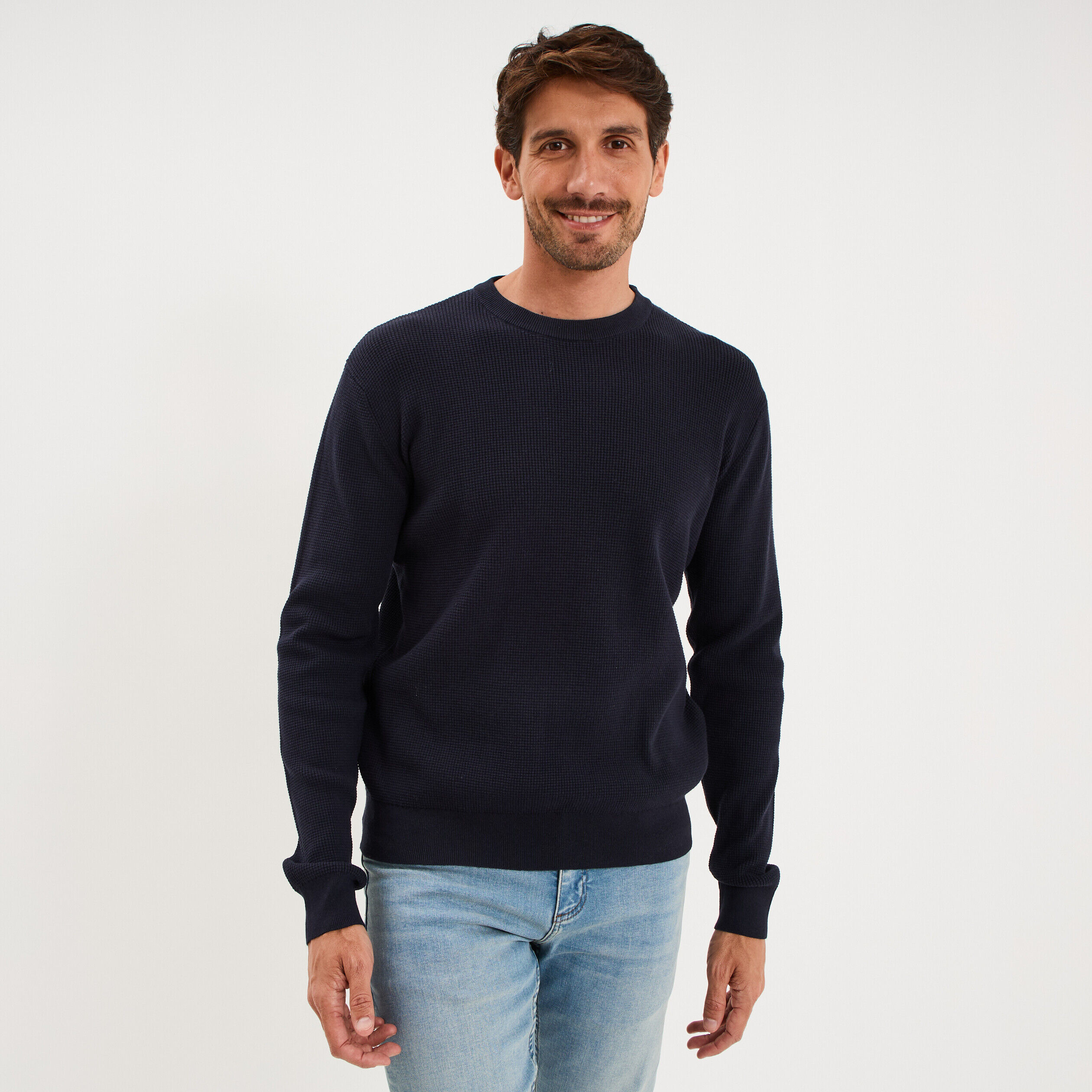 Pull en maille texturée col rond bleu marine homme