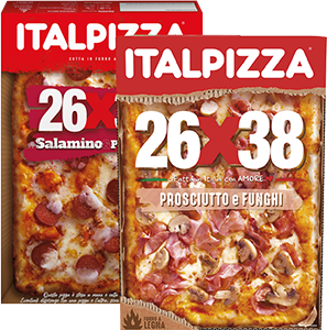 PIZZA PROSCIUTTO E FUNGHI, SALAME E PROVOLA 26X38 ITALPIZZA