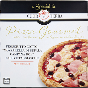 PIZZA PROSCIUTTO COTTO, MOZZARELLA DI BUFALA DOP E OLIVE TAGGIASCHE LE SPECIALITÀ CUOR DI TERRA