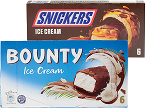 SNICKERS, BOUNTY ICE CREAM BAR