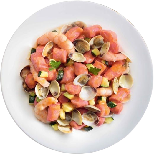 GNOCCHI ROSSI CON MAZZANCOLLE E VONGOLE