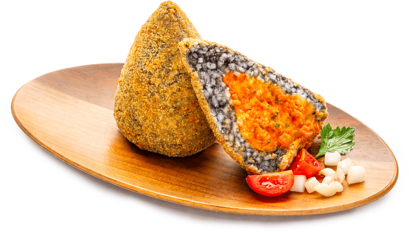 ARANCINA AL NERO DI SEPPIA E SALMONE E ZUCCHINA